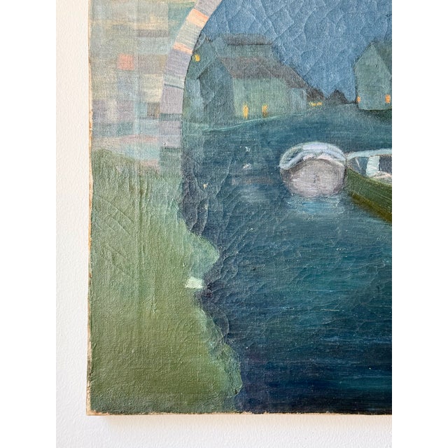 Vintage Oil on Canvas European River Town at Night For Sale In New York - Image 6 of 14