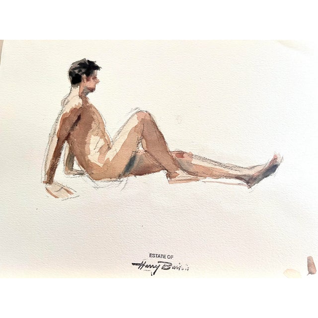 Pair of Nude watercolors double sided paper. A seated female and male watercolor. By Harry Barton. From the estate of the...