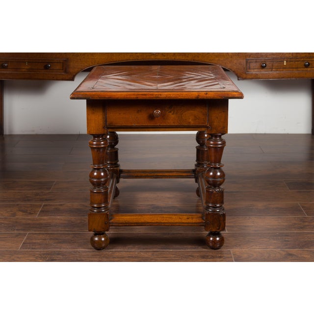 Mid 19th Century English 1850s Walnut Parquet Top Table with Single Drawer and Turned Legs For Sale - Image 5 of 12