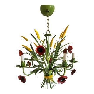 Vintage Tole Painted Poppy Flower Chandelier For Sale