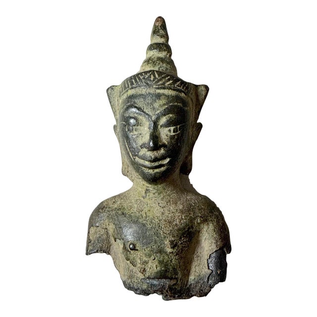Rare Antique 17th Century Handmade Bronze Thailand Buddha Bust Statue Fragment For Sale