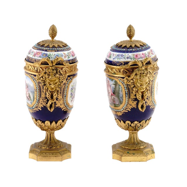 1880s French Sevres Style Blue Ormolu Porcelain Urns-Pair For Sale - Image 9 of 13