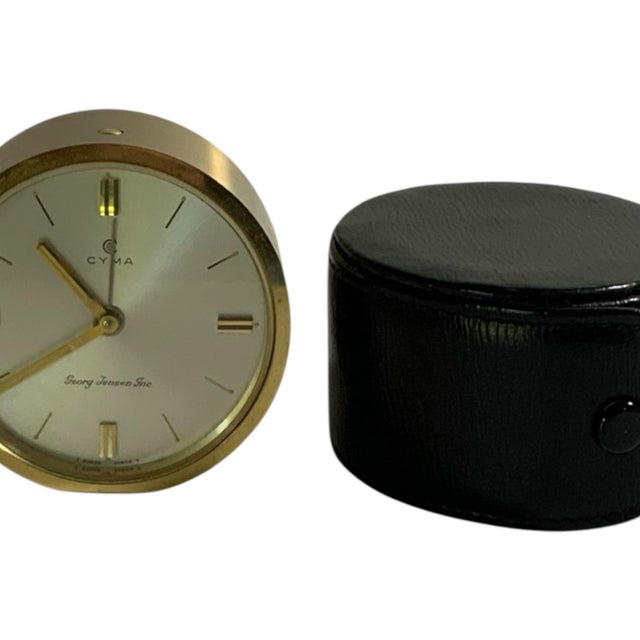 Metal Rare Vintage Cyma 11-Jewel Swiss Mechanical Travel Alarm Clock Georg Jensen Inc. MCM W/Case 1950s-1960s For Sale - Image 7 of 7