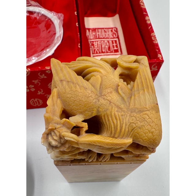 Vintage Chinese Dragon & Phoenix Hand Carved Soapstone Seal & Red Ink Pot Set For Sale - Image 11 of 13