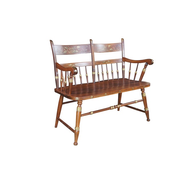 Mid century Tell City Chair Company bench seat featuring Hitchcock styling with spindle back and stenciled gold accents. J...