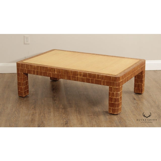 High Quality Wooden Carved Tile Parsons Coffee Table with Wicker Top Attributed To Harvey robber (Not Labeled)