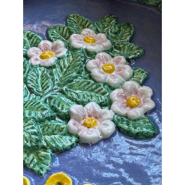 Sky Blue Large Vintage Italian Majolica Della Robbia-Style Fruit Garland Wall Charger, Floral Center, Marked Italy For Sale - Image 8 of 14