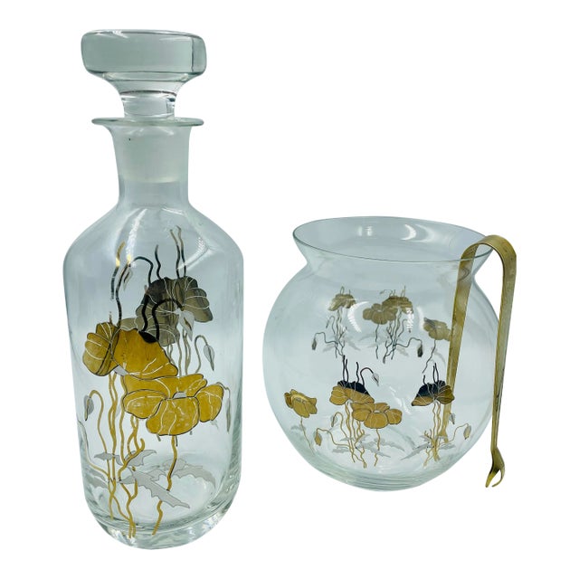 Mid 20th Century Opulent Orchids Gold Leaf Motif Decanter & Ice Bowl- 3 Pieces For Sale
