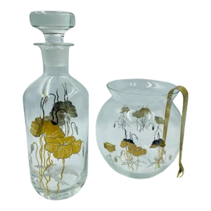 Mid 20th Century Opulent Orchids Gold Leaf Motif Decanter & Ice Bowl- 3 Pieces
