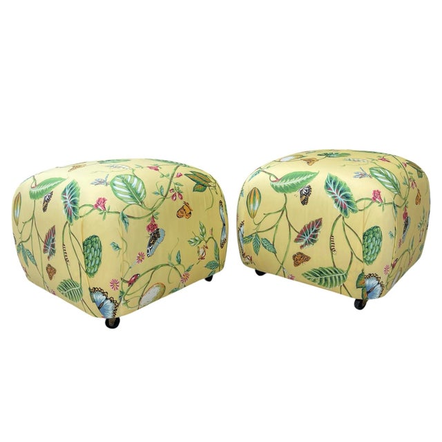 Late 20th Century Vintage Newly Upholstered Ottomans in Thibaut “Lillian” Fabric – Coastal Palm Beach Style, Pair For Sale - Image 5 of 12