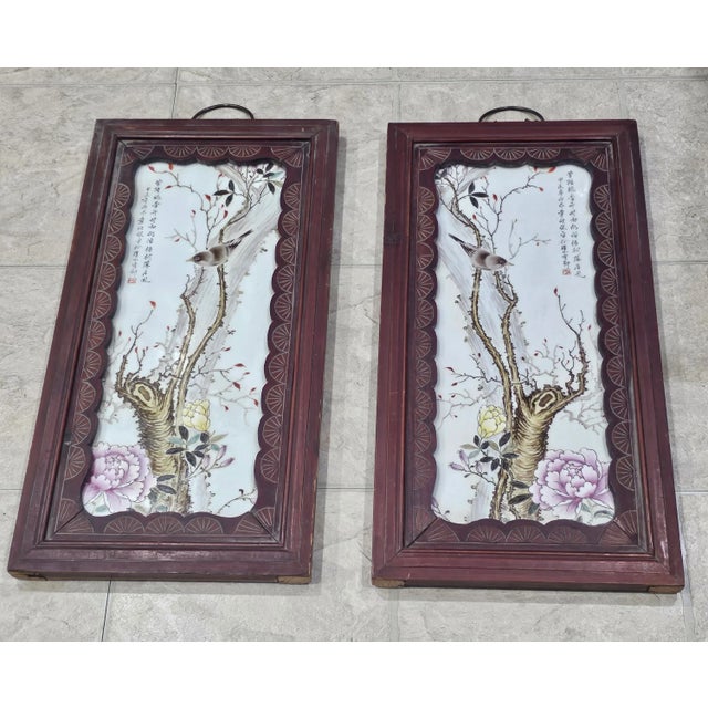 Mid 20th Century Mid-Century Pair of Chinese Famille Rose Porcelain Plaques Carved Wood Frames For Sale - Image 5 of 11
