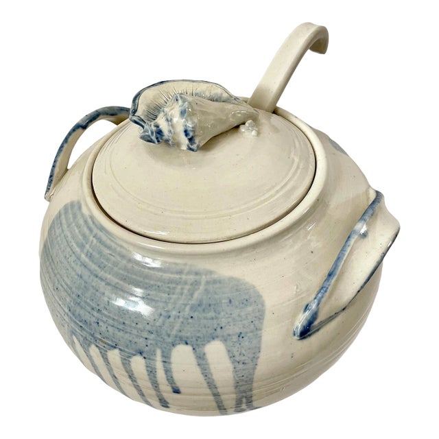 Studio Pottery Blue and White Soup Tureen With Ladle. Signed. For Sale