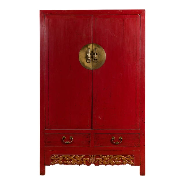 Chinese Red Lacquered Qing Dynasty 19th Century Cabinet with Carved Gilt Apron For Sale