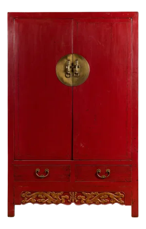 Chinese Red Lacquered Qing Dynasty 19th Century Cabinet with Carved Gilt Apron