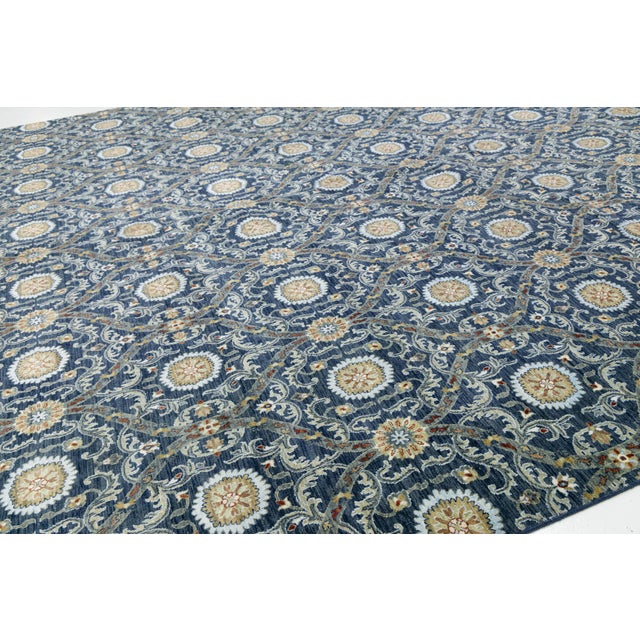 Modern Midnight Blue Ikat Style Hand-Knotted Wool Area Rug 13x20 For Sale In New York - Image 6 of 9