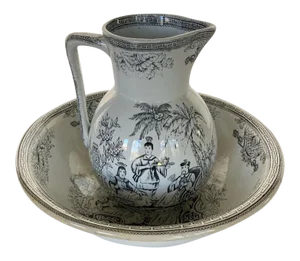 Antique Chinoiserie English Ironstone Pitcher & Bowl - 2 Pieces