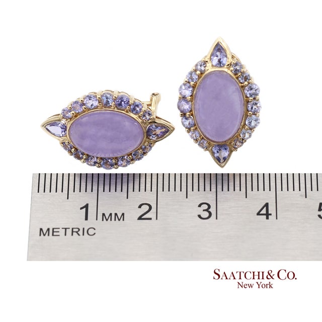 14k(585) Solid Yellow Gold Natural Purple Stone Omega Back Earrings For Sale - Image 10 of 10