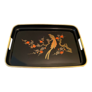 Vintage Japanese Black Lacquer Tray – Phoenix & Cherry Blossom, Mid-Century, Made in Japan