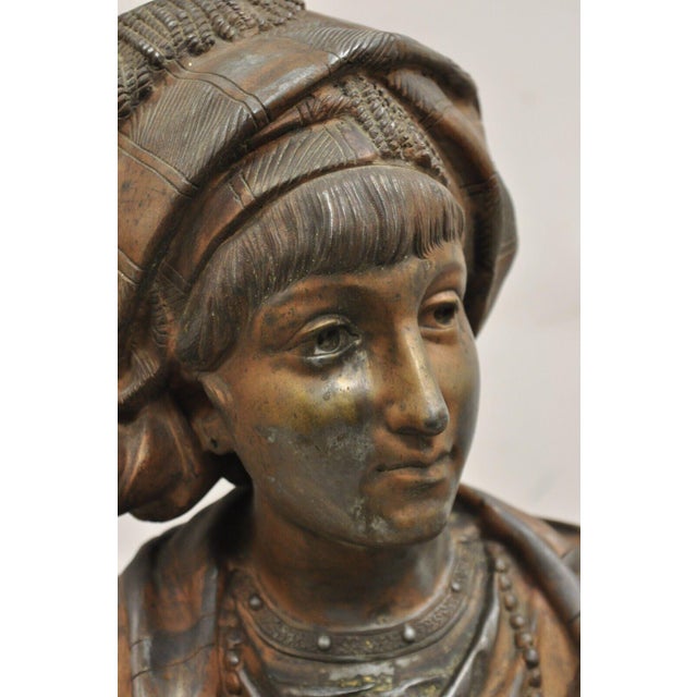 Wood 19th Century Antique E. Rousseau Cast Spelter Metal French Maiden Woman Bust Sculpture For Sale - Image 7 of 12