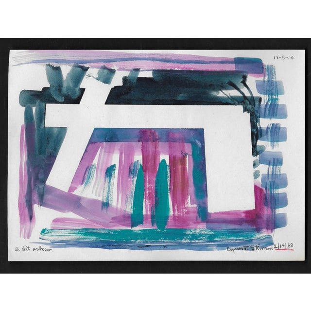 1968 MCM watercolor by Cyrus Flint Stimson Jr. (1901-968). Titled "A Bit Askew," signed and dated 1968. Combined shipping...