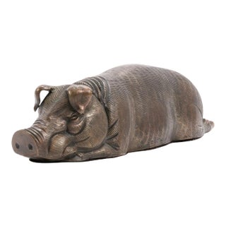 Heavy Cast Bronze Reclining Pig Sculpture With Dept. 56 Label For Sale