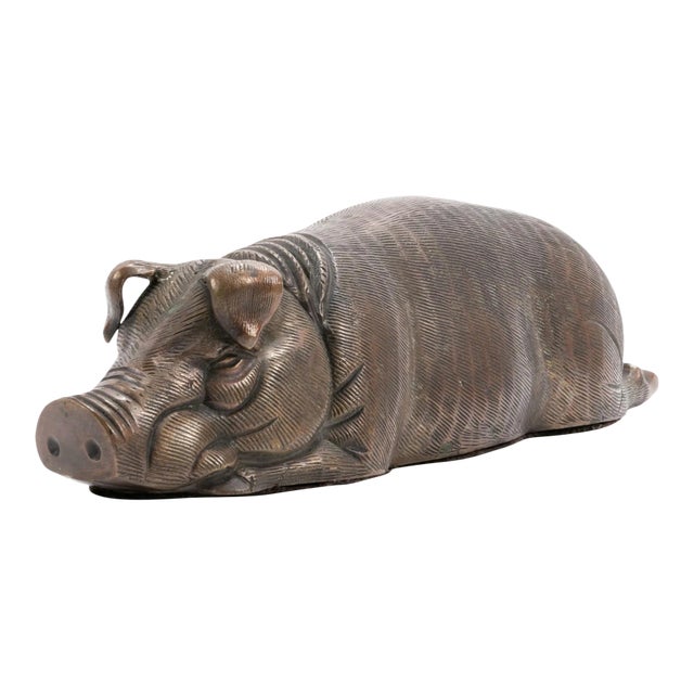 Heavy Cast Bronze Reclining Pig Sculpture With Dept. 56 Label For Sale