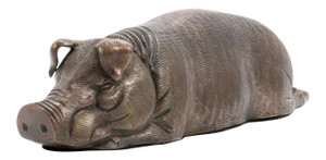 Heavy Cast Bronze Reclining Pig Sculpture With Dept. 56 Label