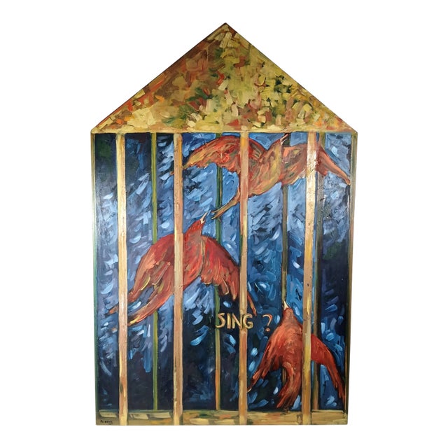 Florence Alfano McEwin Oil Painting Titled "Sing?" 2001 Signed Birds in Gold Cage For Sale