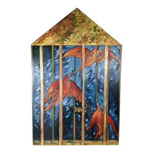 Florence Alfano McEwin Oil Painting Titled "Sing?" 2001 Signed Birds in Gold Cage