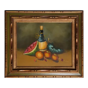 Still Life With Chianti and Fruit, Unknown Artist Oil on Canvas, Signed 'e. Max' L.r.