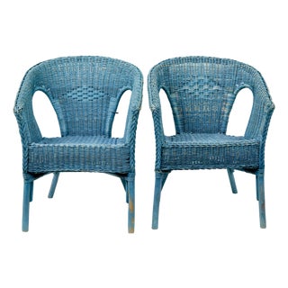 Mid-Century Modern Blue Painted Wicker Armchairs, 1950, Set of 2 For Sale