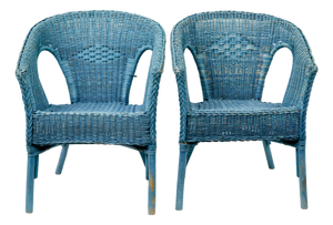 Mid-Century Modern Blue Painted Wicker Armchairs, 1950, Set of 2