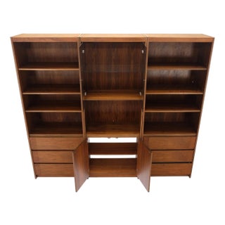 3 Bay Mid-Mentury Modern Walnut Glass Doors Bookcase Wall Unit Curio Cabinet For Sale