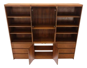3 Bay Mid-Mentury Modern Walnut Glass Doors Bookcase Wall Unit Curio Cabinet