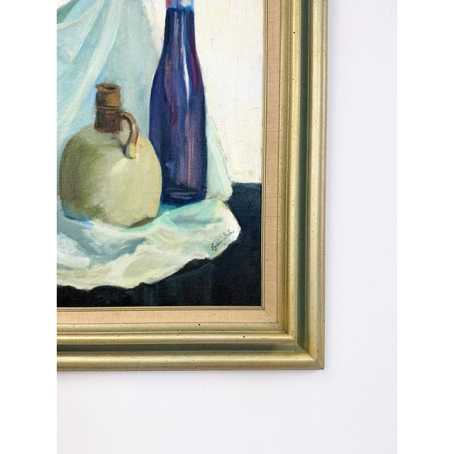 Vintage Original Oil Painting Still Life Bottles Jugs, Framed Art, Canvas, Blue For Sale - Image 11 of 11