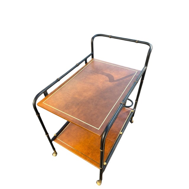 Vintage Stitched Leather Bar Cart by Jacques Adnet, 1950s For Sale - Image 6 of 13