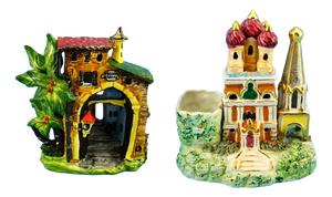 Vintage Ceramic Souvenir Sanremo and Russian Orthodox Church Sculptures, Italy, 1890s, Set of 2
