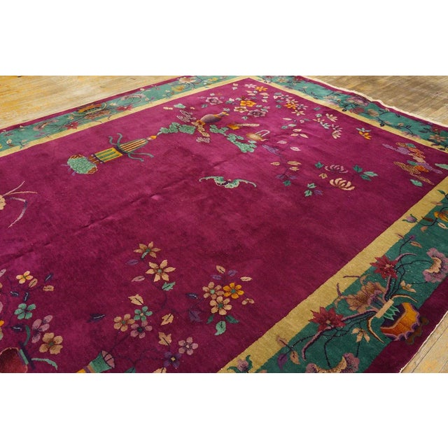 Art Deco 1920s Raspberry Red Floral Vase Antique Chinese Art Deco Carpet 8' 10" X 11' 6" Knotted Wool Rug For Sale - Image 3 of 9