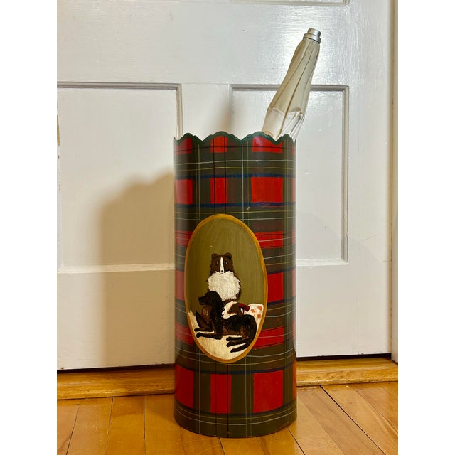 Metal Vintage Tole Red Plaid Umbrella Stand For Sale - Image 7 of 7
