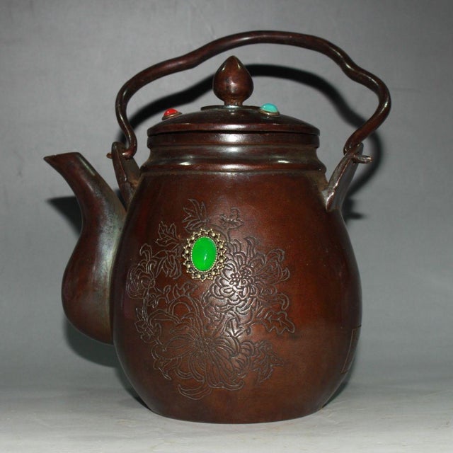 Gemstone Vintage Copper Wine Pot | Chased Floral Motif & Faux Gemstone | Chinese Tea Kettle For Sale - Image 7 of 9