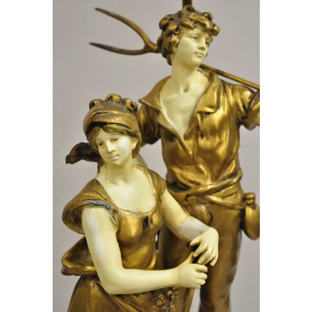 Antique French Renaissance Moreau Figural Metal Table Lamp, Wife & Farmer For Sale - Image 4 of 11