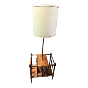 Faux Bamboo Fruitwood and Burlwood Canterbury Style Magazine Table and Floor Lamp - Vintage Mid 20th Century