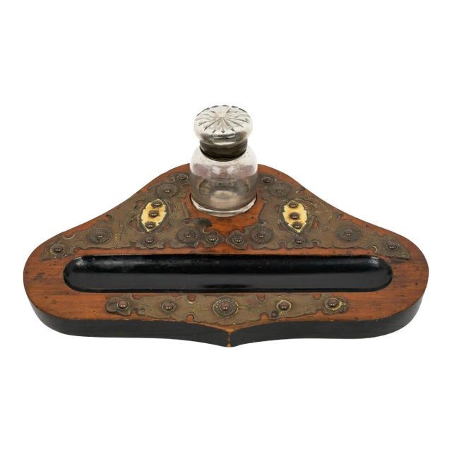 Antique Napoleon III Walnut Brass & Cut Crystal Inkwell For Sale