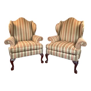 Pair of Vintage Queen Anne Style Wingback Club Chairs With Striped Upholstery For Sale