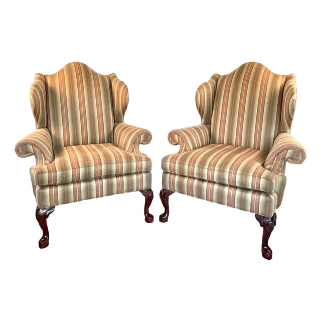 Pair of Vintage Queen Anne Style Wingback Club Chairs With Striped Upholstery For Sale