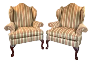 Pair of Vintage Queen Anne Style Wingback Club Chairs With Striped Upholstery