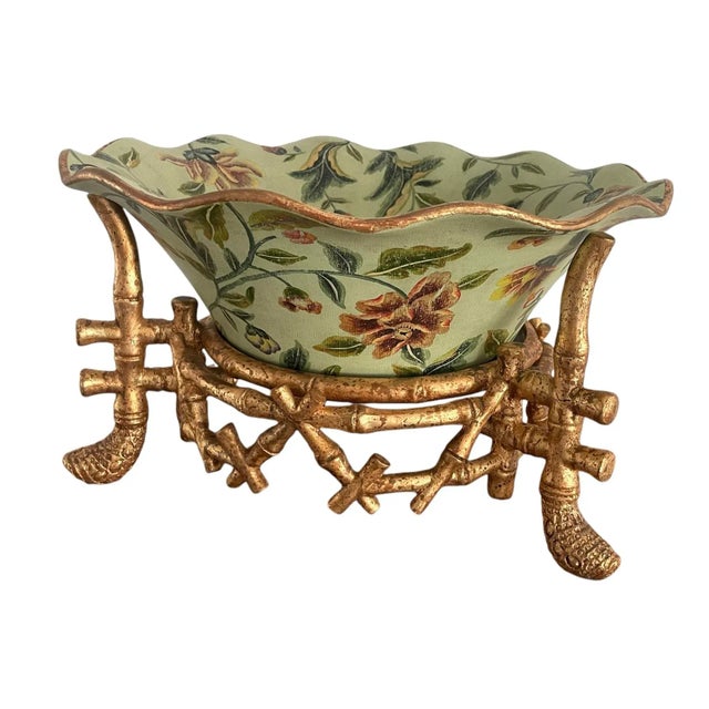 Large chinoiserie decorative bowl with gilded faux bamboo stand. The bowl is wavy scalloped design of green and mixed...