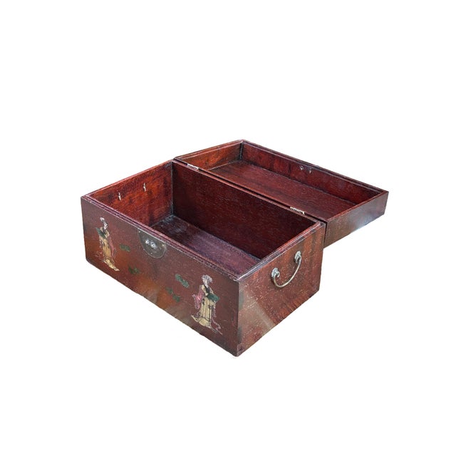 Asian Oriental Mother of Pearl Graphic Reddish Brown Wood Trunk Chest Box For Sale - Image 3 of 7