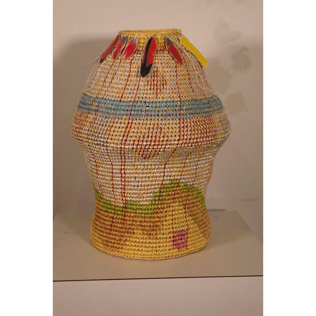 Contemporary Katherine Westphal Big Sky Signed Raffia Woven Basket w/ Feather Accents 1994 For Sale - Image 3 of 10