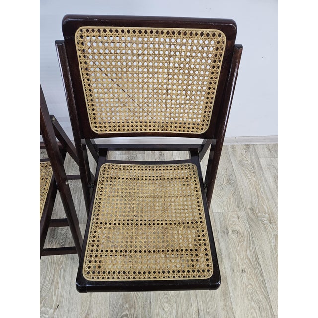 Folding Wooden Chairs with Raffia, 1970s, Set of 4 For Sale - Image 4 of 17